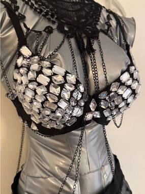 Black Bra Top with Sparkling Silver Jewel Embellishments